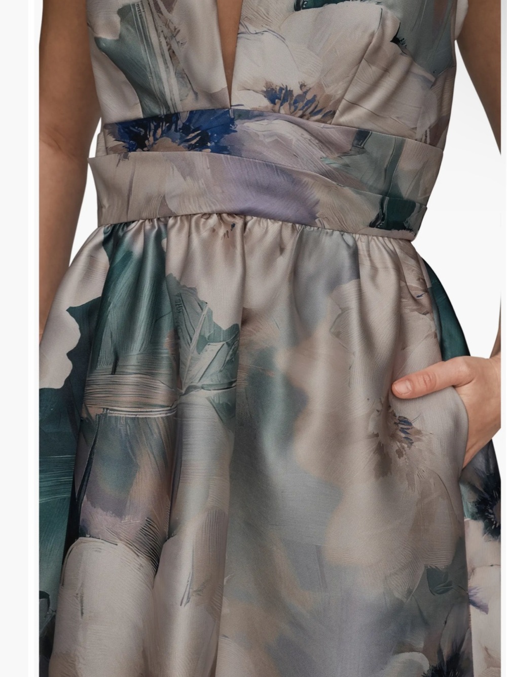 Donna Karan Floral Plunge Neck Ball Gown Dress - Cream & Teal - Picture 3 of 8